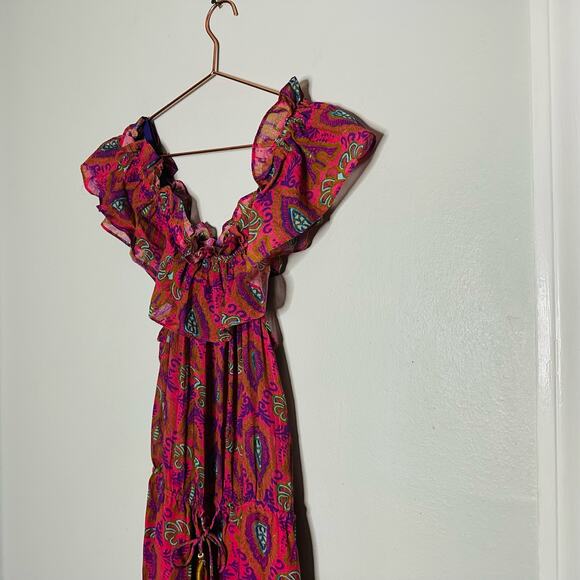 FIGUE Womens Floral Print Pink Cold Shoulder Waist Tie Tassel Maxi Dress Size XS - Picture 5 of 13